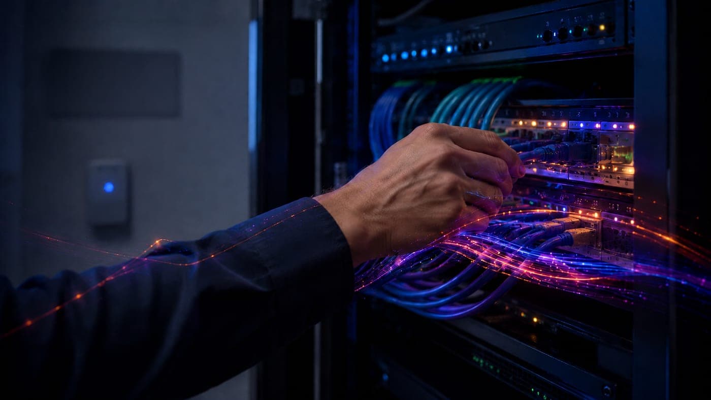 Technician working with network cabling in a server rack